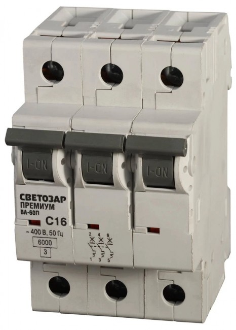 Выключатель автоматический СВЕТОЗАР SV-49023-63-C "ПРЕМИУМ" 3-полюсный, 63 A, "C", откл. сп. 6 кА, 400 В