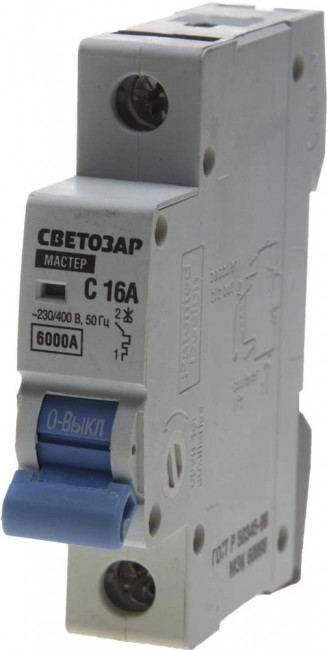 Выключатель автоматический СВЕТОЗАР SV-49061-16-C 1-полюсный, 16 A, "C", откл. сп. 6 кА, 230 / 400 В