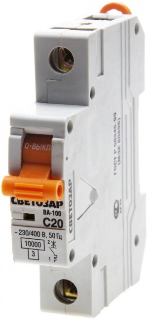 Выключатель автоматический СВЕТОЗАР SV-49071-20-C 1-полюсный, 20 A, "C", откл. сп. 10 кА, 230 / 400 В