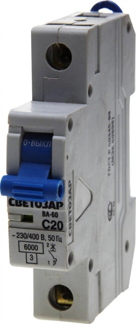 Выключатель автоматический СВЕТОЗАР SV-49061-20-C 1-полюсный, 20 A, "C", откл. сп. 6 кА, 230 / 400 В