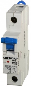 Выключатель автоматический СВЕТОЗАР SV-49061-25-C 1-полюсный, 25 A, "C", откл. сп. 6 кА, 230 / 400 В Выключатель автоматический СВЕТОЗАР SV-49061-25-C 1-полюсный, 25 A, "C", откл. сп. 6 кА, 230 / 400 В