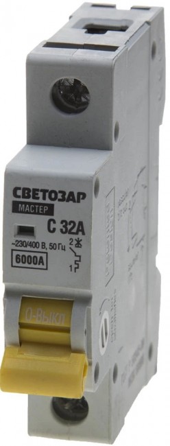 Выключатель автоматический СВЕТОЗАР SV-49061-32-C 1-полюсный, 32 A, "C", откл. сп. 6 кА, 230 / 400 В