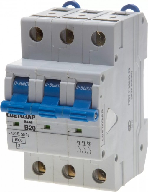 Выключатель автоматический СВЕТОЗАР SV-49053-10-B 3-полюсный, 10 A, "B", откл. сп. 6 кА, 400 В