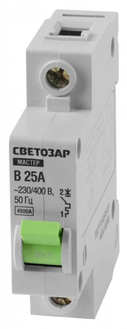 Выключатель СВЕТОЗАР 49050-25-B автоматический, 1-полюсный, "B", 25 A, 230 / 400 В