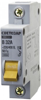 Выключатель СВЕТОЗАР 49050-32-B автоматический, 1-полюсный, "B", 32 A, 230 / 400 В Выключатель СВЕТОЗАР 49050-32-B автоматический, 1-полюсный, "B", 32 A, 230 / 400 В