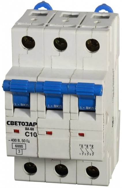 Выключатель автоматический СВЕТОЗАР SV-49063-10-C 3-полюсный, 10 A, "C", откл. сп. 6 кА, 400 В