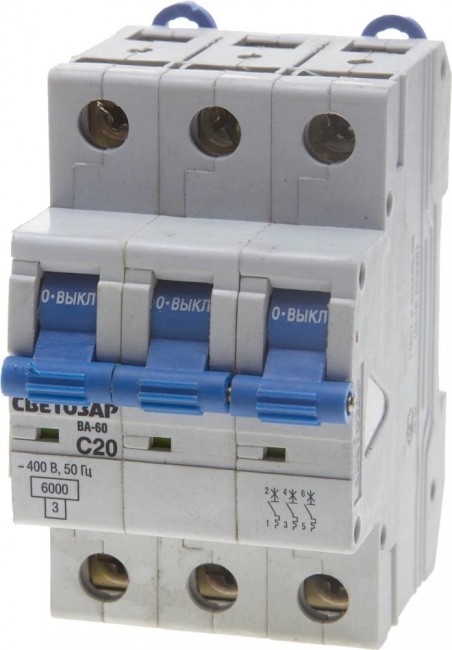 Выключатель автоматический СВЕТОЗАР SV-49063-20-C 3-полюсный, 20 A, "C", откл. сп. 6 кА, 400 В