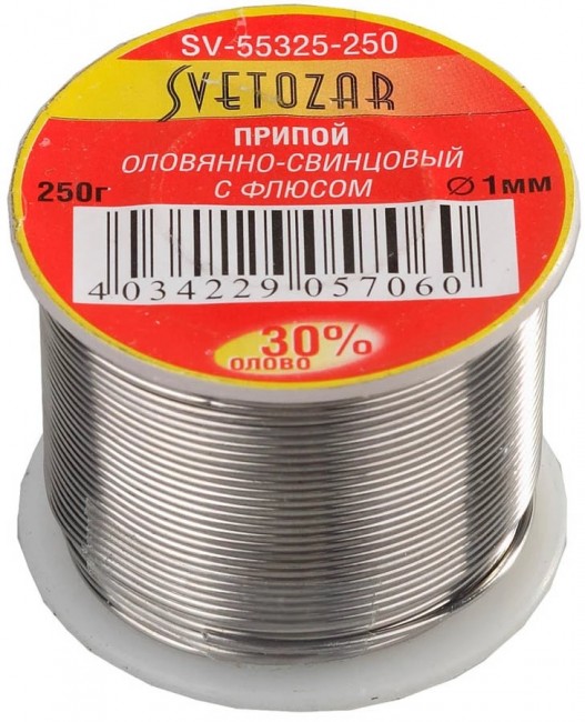 Припой СВЕТОЗАР SV-55325-250 оловянно-свинцовый, 30% Sn / 70% Pb, 250гр